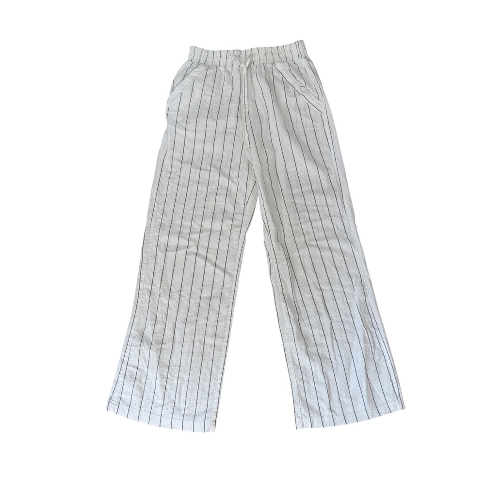 Womens White Striped Wide Leg Drawstring Pants Medium‎ Boho Vacation Resortwear